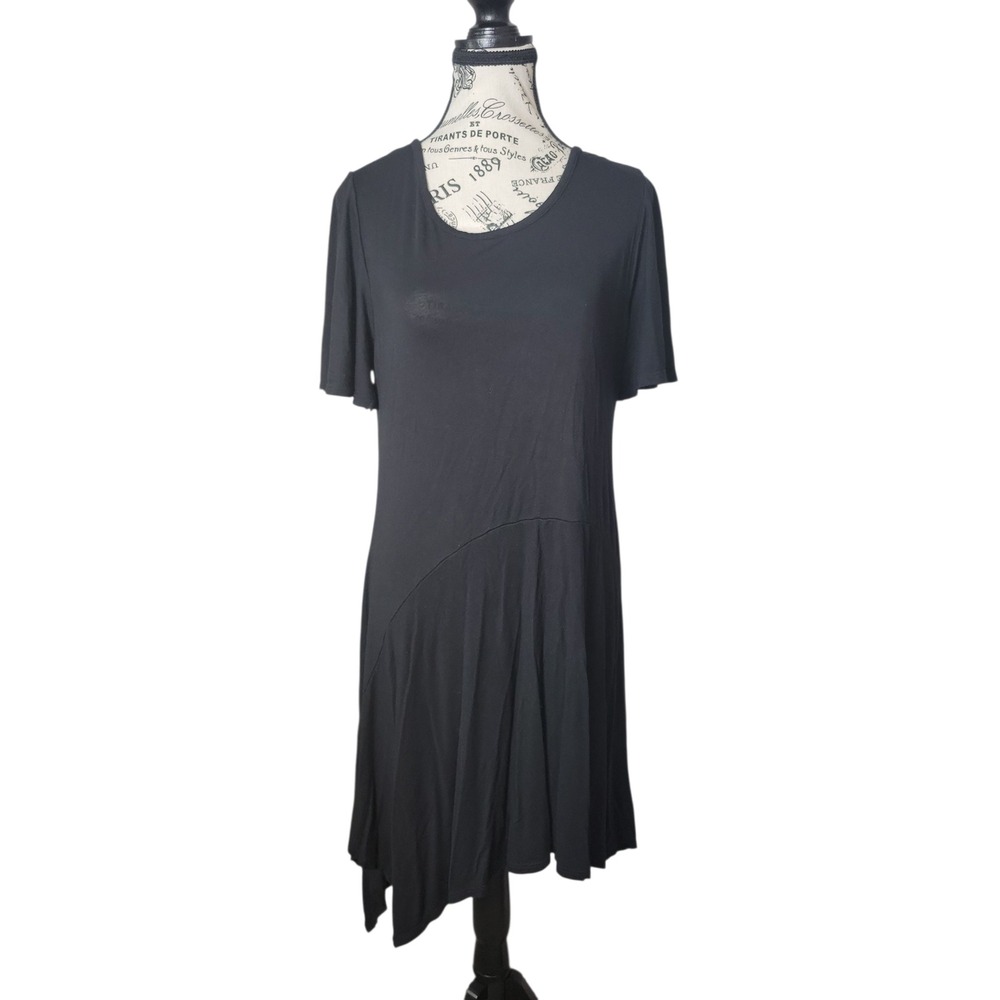 Umgee USA Womens Asymmetrical Midi Dress L Black Made in USA Stretch Boho Chic